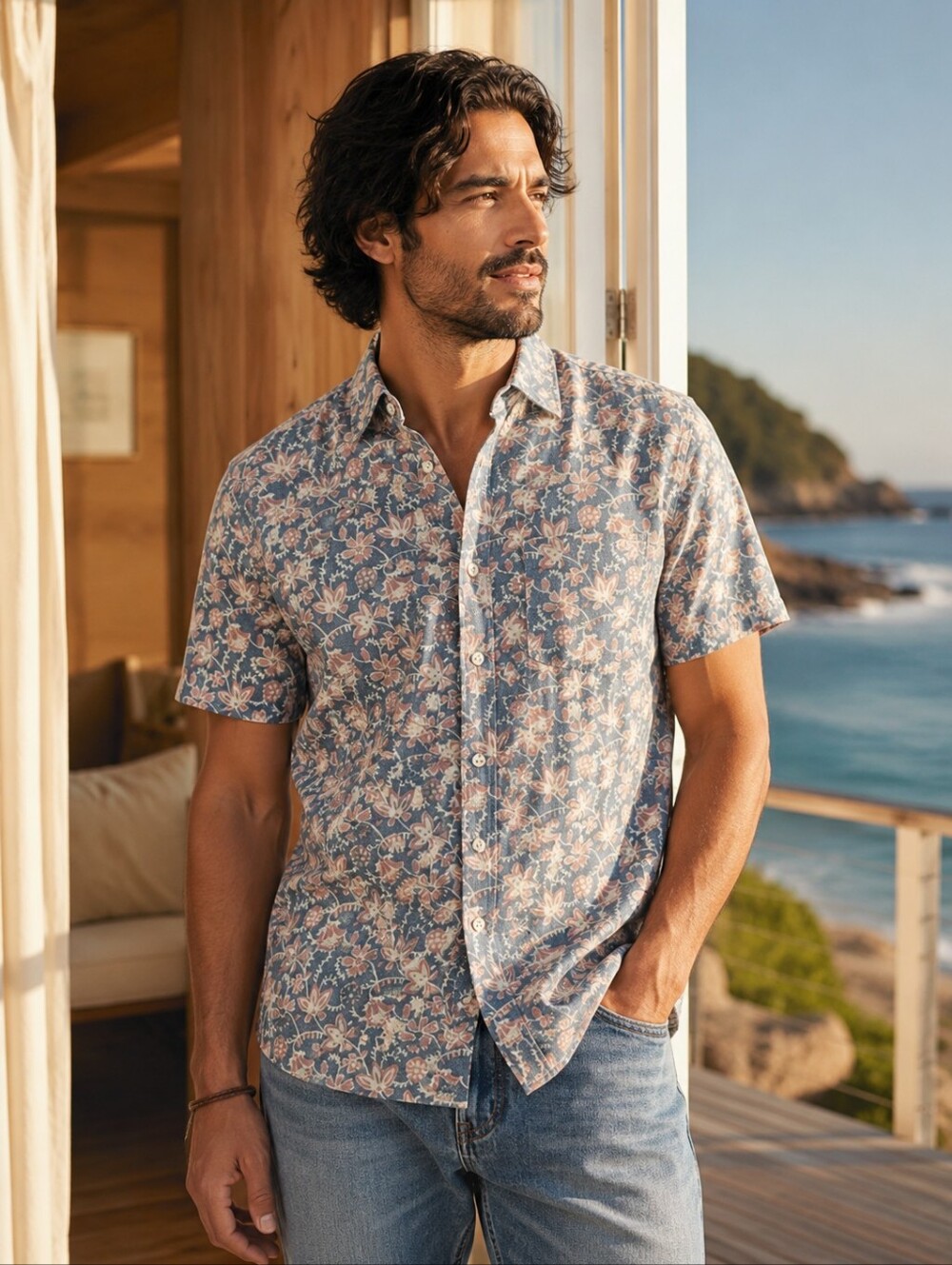 Faherty Breeze Faded Floral Batik Hemp TENCEL Shirt M